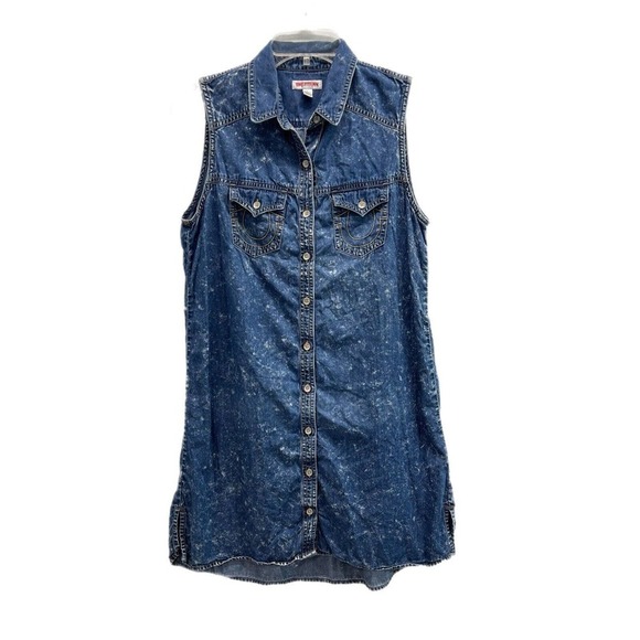 True Religion Denim Dress Small Chambray Blue Splattered Western - Picture 1 of 14